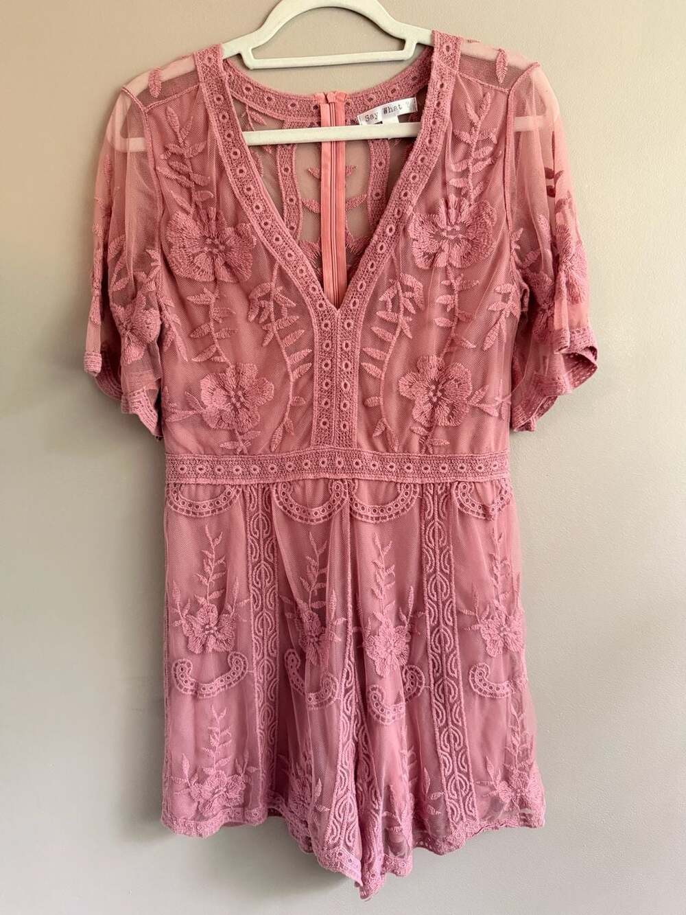 Say What? Pink Floral Embroidered Lace Romper Size M